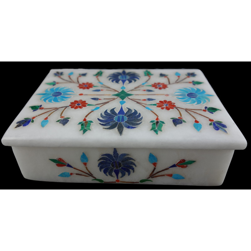 Alabaster  Box  With Semi Precious Stone Inlay Size 4x3 Inch