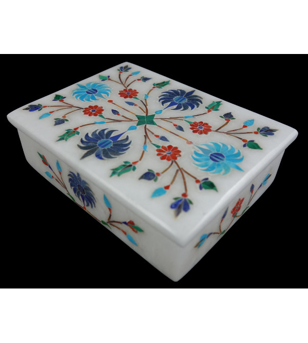 Alabaster  Box  With Semi Precious Stone Inlay Size 4x3 Inch