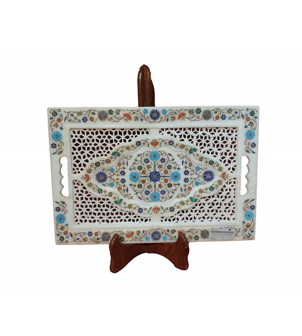 Marble Tray With Semi Precious Stone Inlay Work Size 18x12 Inch