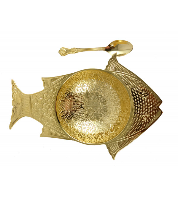 HANDICRAFT BRASS FRUIT FISH DISH 10 INCH GOLD PLATED 