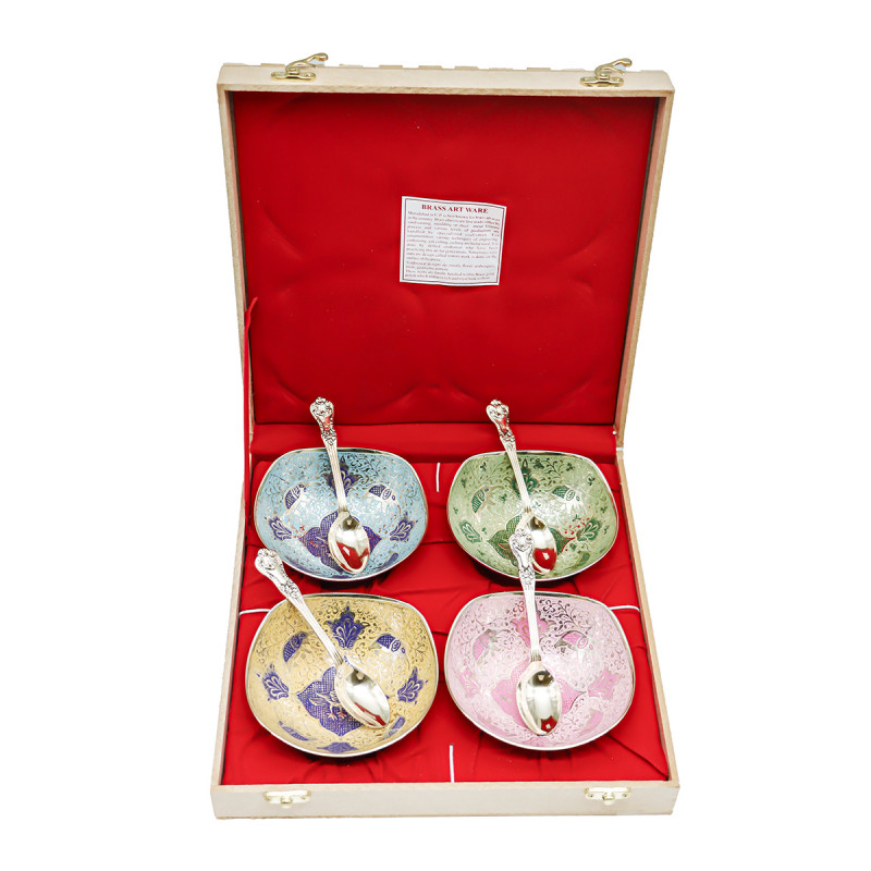 Fruit Bowl with Enamel Work in Brass – 8 Pieces Set (5 Inch)