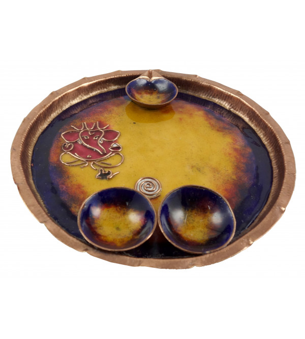 HANDICRAFT POOJA THALI COPPER ENAMELED WORK 7 INCH 