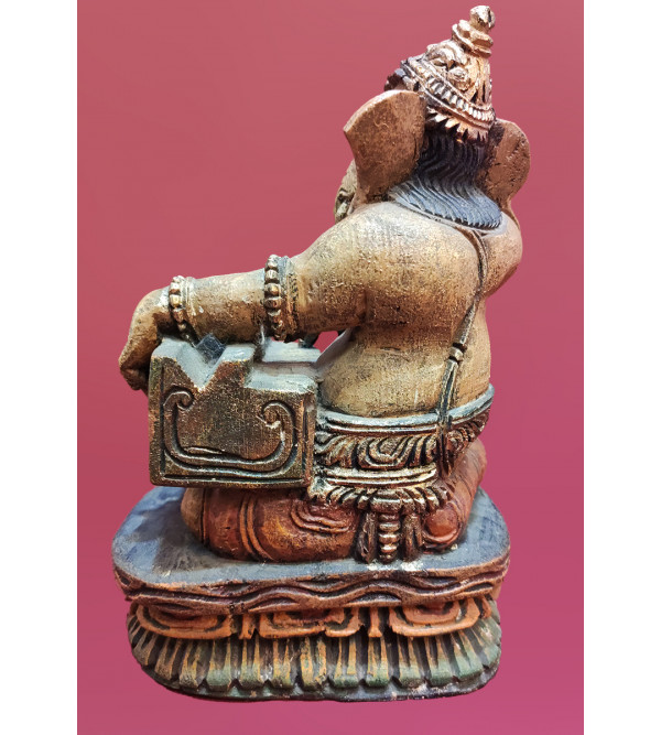 Ganesha Playing Musical Instrument Handcrafted In Vaghai Wood
