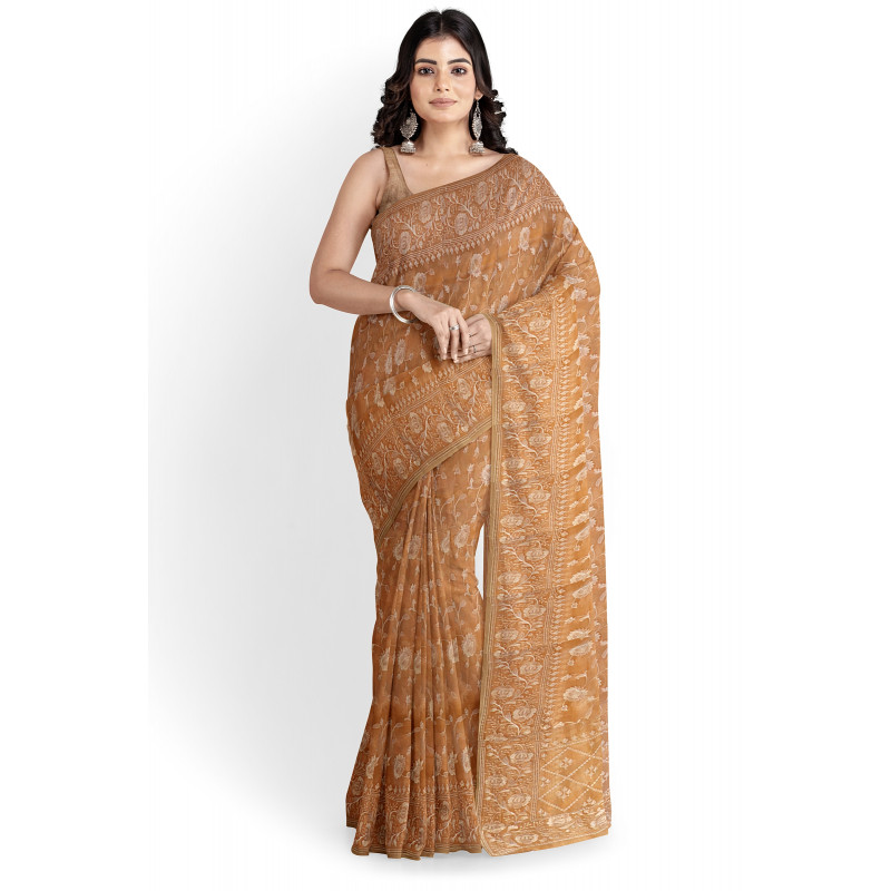 Lucknow Chikan Silk Saree Buti Jaal Embroidery