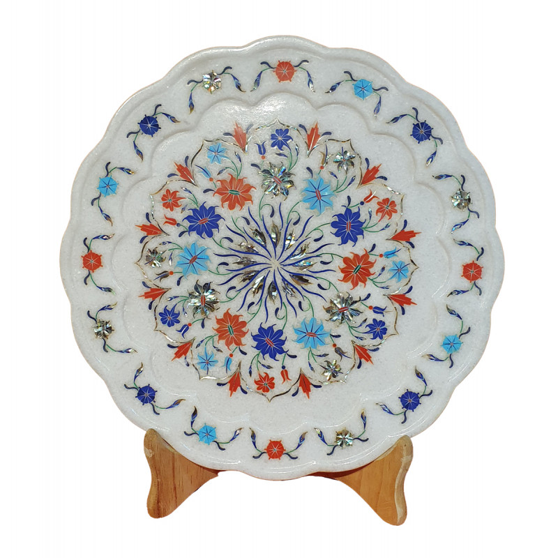 Marble Plate With Semi Precious Stone Inlay Work Size 12 Inch