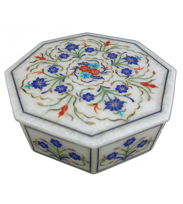 Marble Octal Shaped Box With Semi Precious Stone Inlay Work Size 6x6 Inch