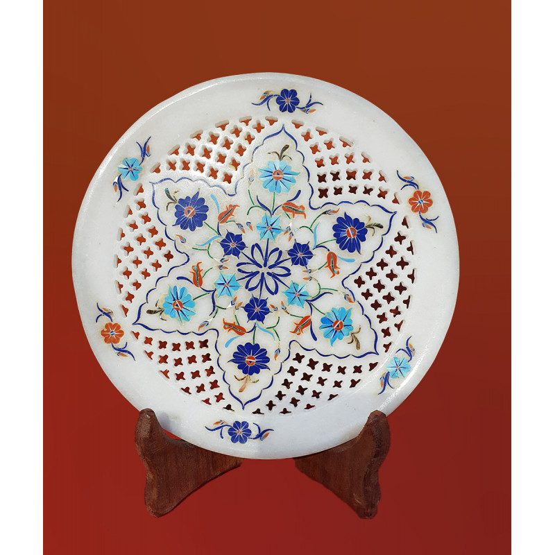 Marble Plate with Semi-Precious Stone Inlay Work Size 7 Inch