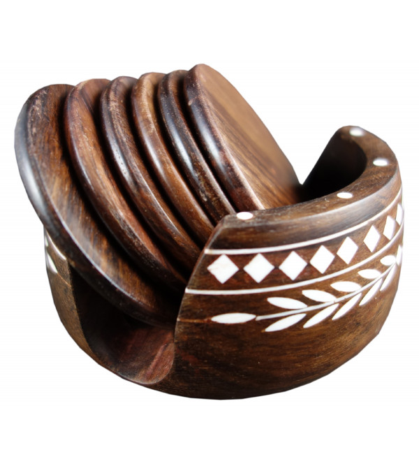 Sheesham Wood Handcrafted Coaster Set with Acrylic Inlay Work