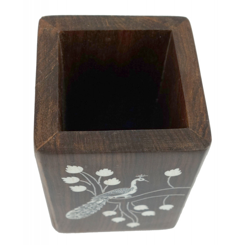 HANDICRAFT WOODEN ACRYLIC INLAY WORK PEN JAR 4 INCH 