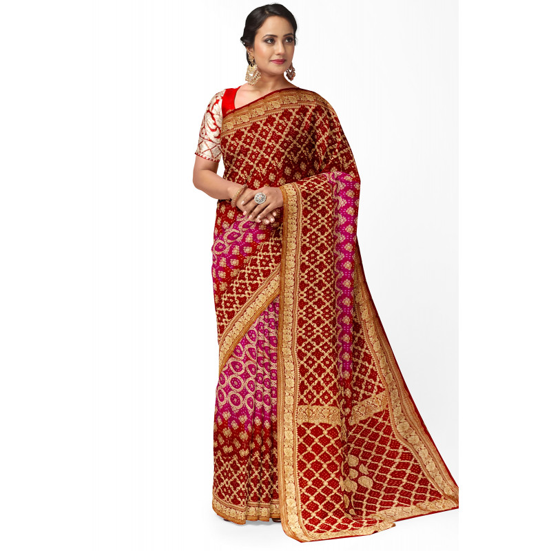 Chiffon Georgette Bandhani Saree With Zari Work